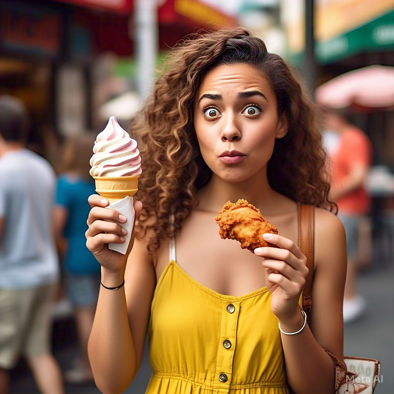 Girl holding Ice-Cream and Chicken